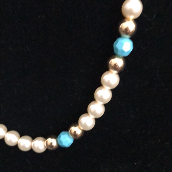 Combined gold filled, creamy Pearl, and faceted turquoise beads in triple wrap. - Picture 2 of 3